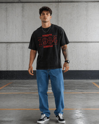 Black Vintage 1984 Graphic Men’s Acid Wash T-Shirt (240 GSM)