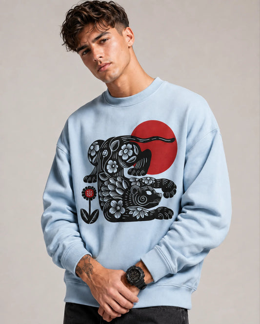 Light Blue Floral Bear Japanese Art Graphic Men's Sweatshirt (350 GSM)
