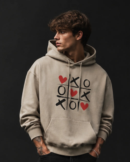 Beige XO Hearts Graphic Streetwear Men's Hoodie (360 GSM)