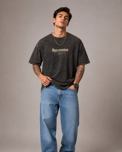 Black Vintage Americano Graphic Men's Acid Wash T-Shirt (240 GSM)