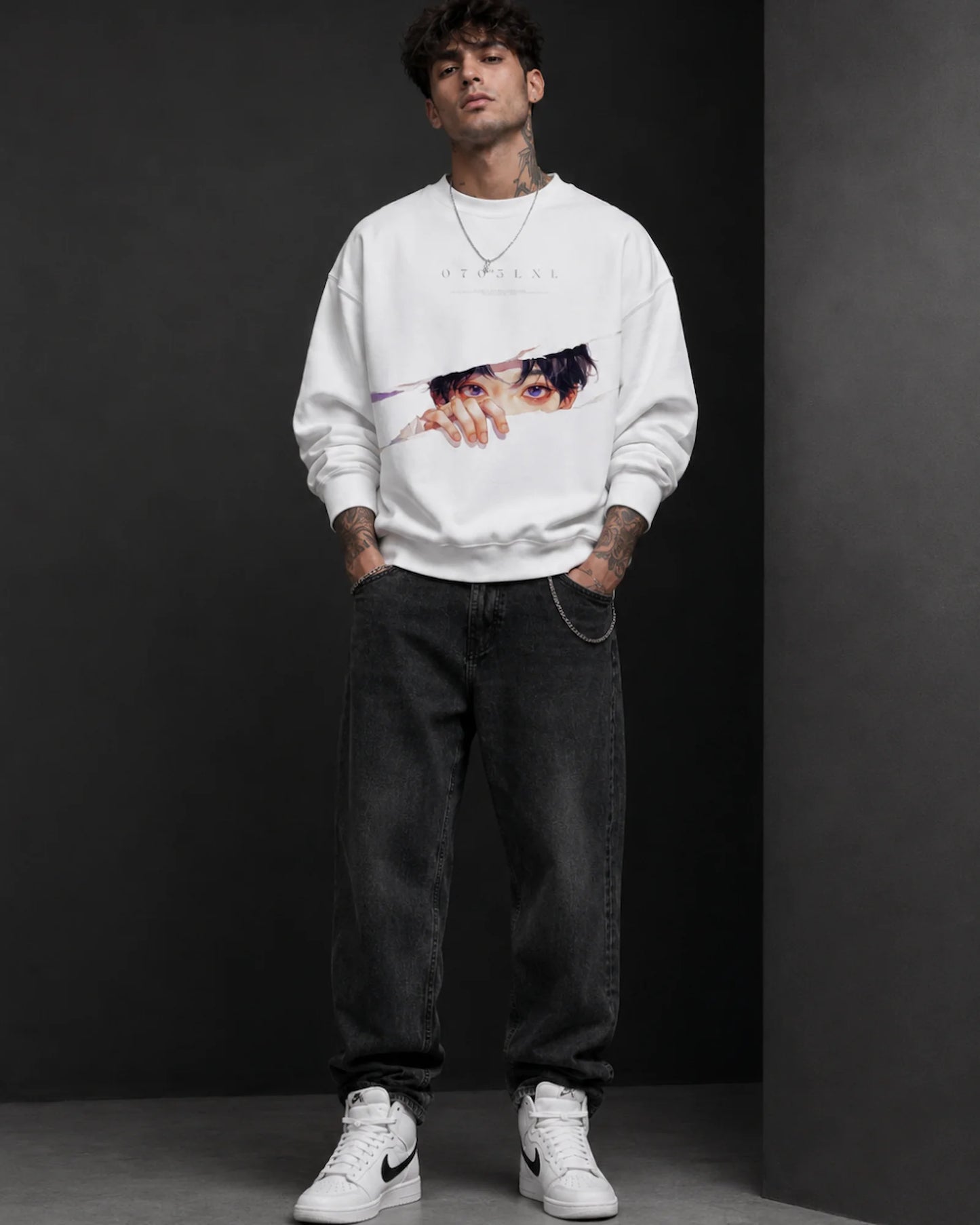 White Anime Eyes Graphic Streetwear Men’s Sweatshirt (350 GSM)
