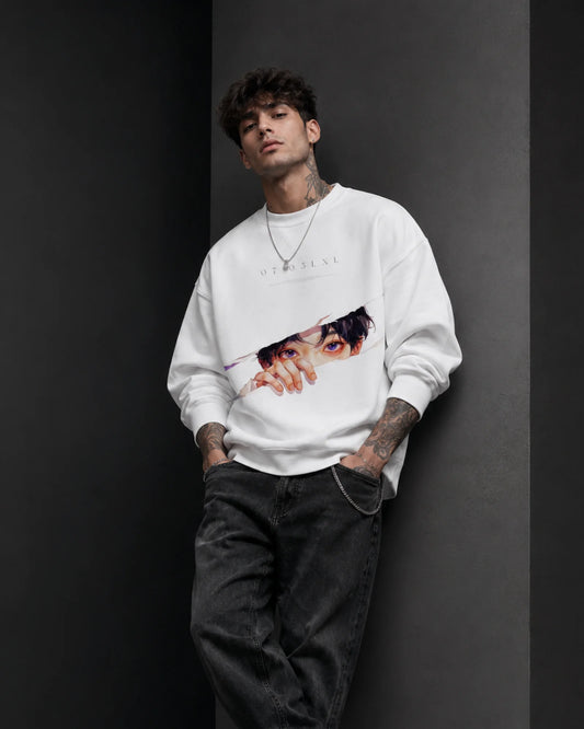 White Anime Eyes Graphic Streetwear Men’s Sweatshirt (350 GSM)
