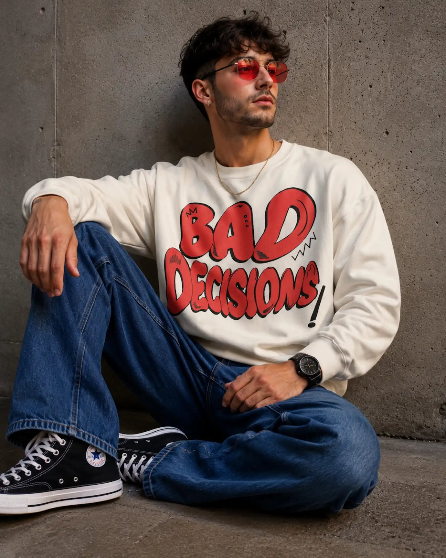White Bad Decisions Graphic Streetwear Men’s Sweatshirt (350 GSM)