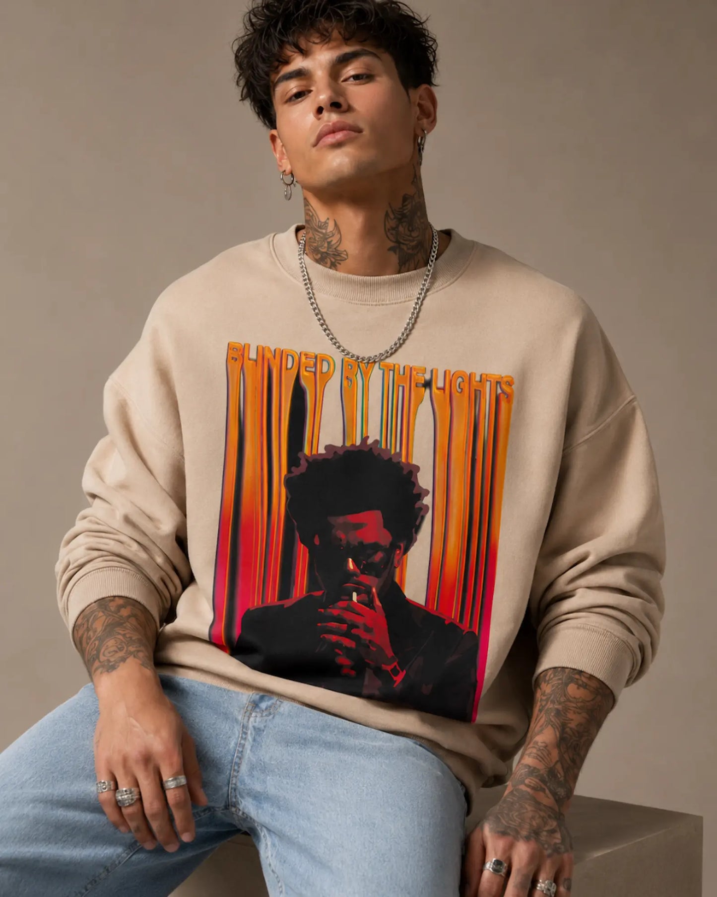Beige Blinded by the Lights Streetwear Graphic Men’s Sweatshirt (350 GSM)