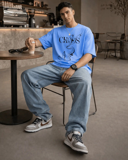 Blue Chaos Typography Graphic Men’s Oversized T-Shirt (240 GSM)