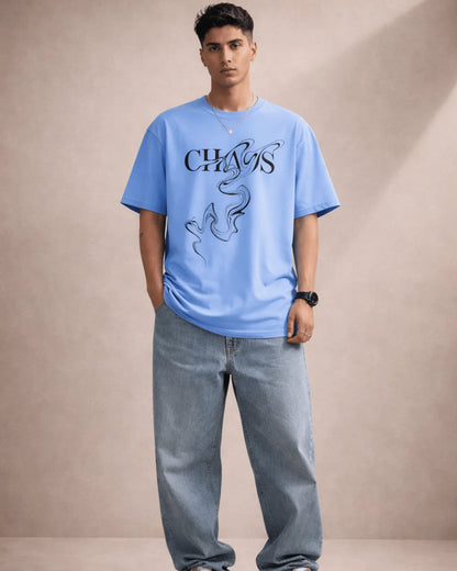 Blue Chaos Typography Graphic Men’s Oversized T-Shirt (240 GSM)