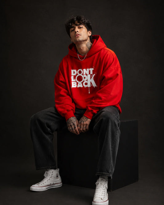 Red Don't Look Back Typography Graphic Streetwear Men's Hoodie (360 GSM)