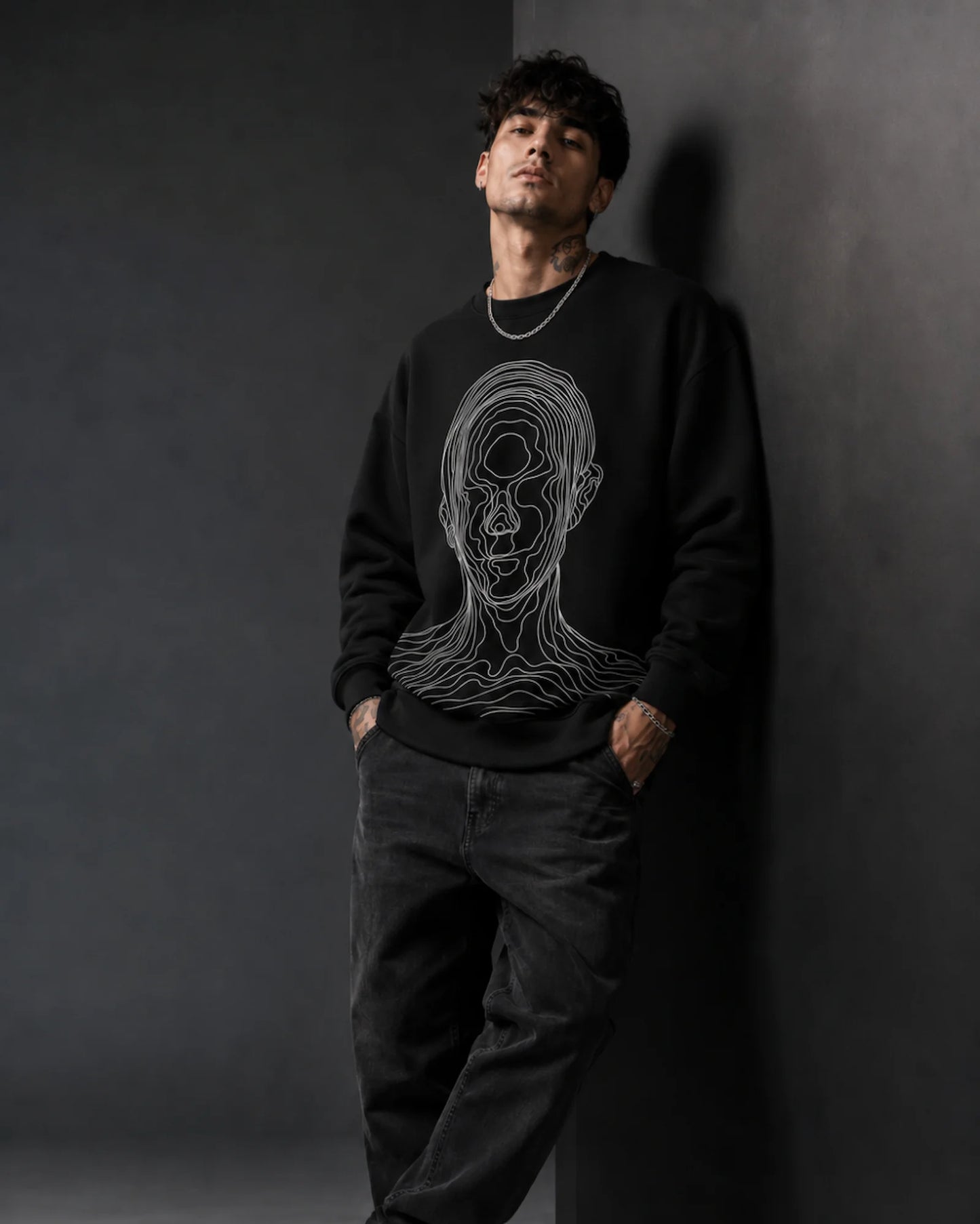 Black Abstract Line Art Streetwear Graphic Men’s Sweatshirt (350 GSM)