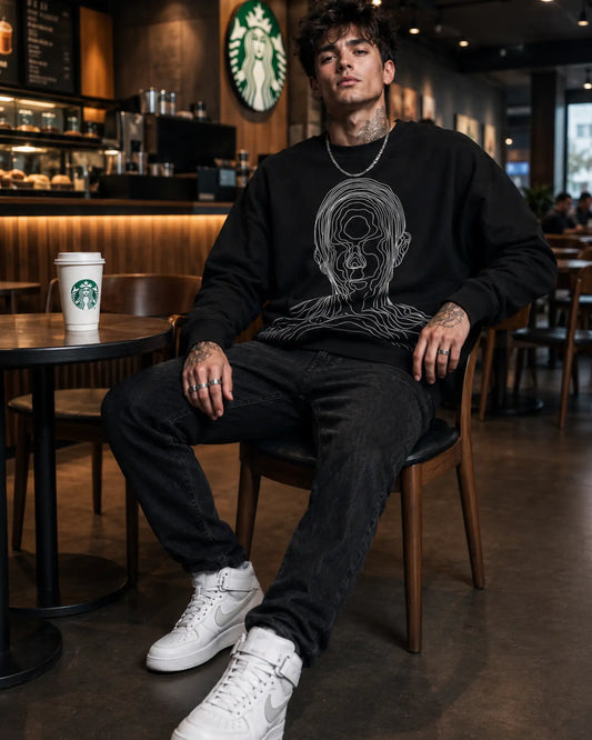 Black Abstract Line Art Streetwear Graphic Men’s Sweatshirt (350 GSM)