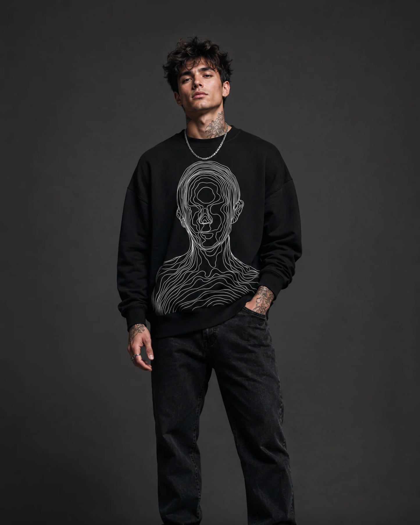 Black Abstract Line Art Streetwear Graphic Men’s Sweatshirt (350 GSM)
