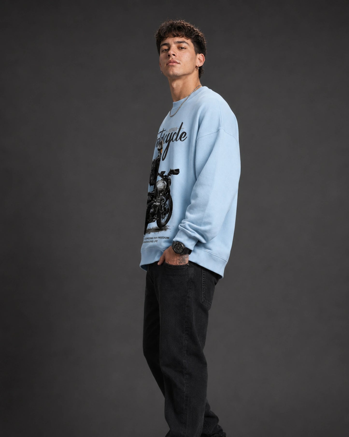 Sky Blue Motorcycle Rider Graphic Streetwear Men’s Sweatshirt (350 GSM)