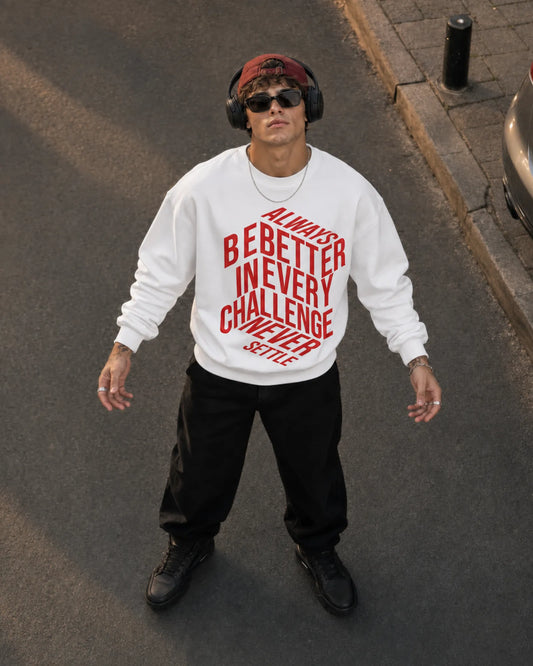 White Never Settle Graphic Typography Streetwear Men’s Sweatshirt (350 GSM)