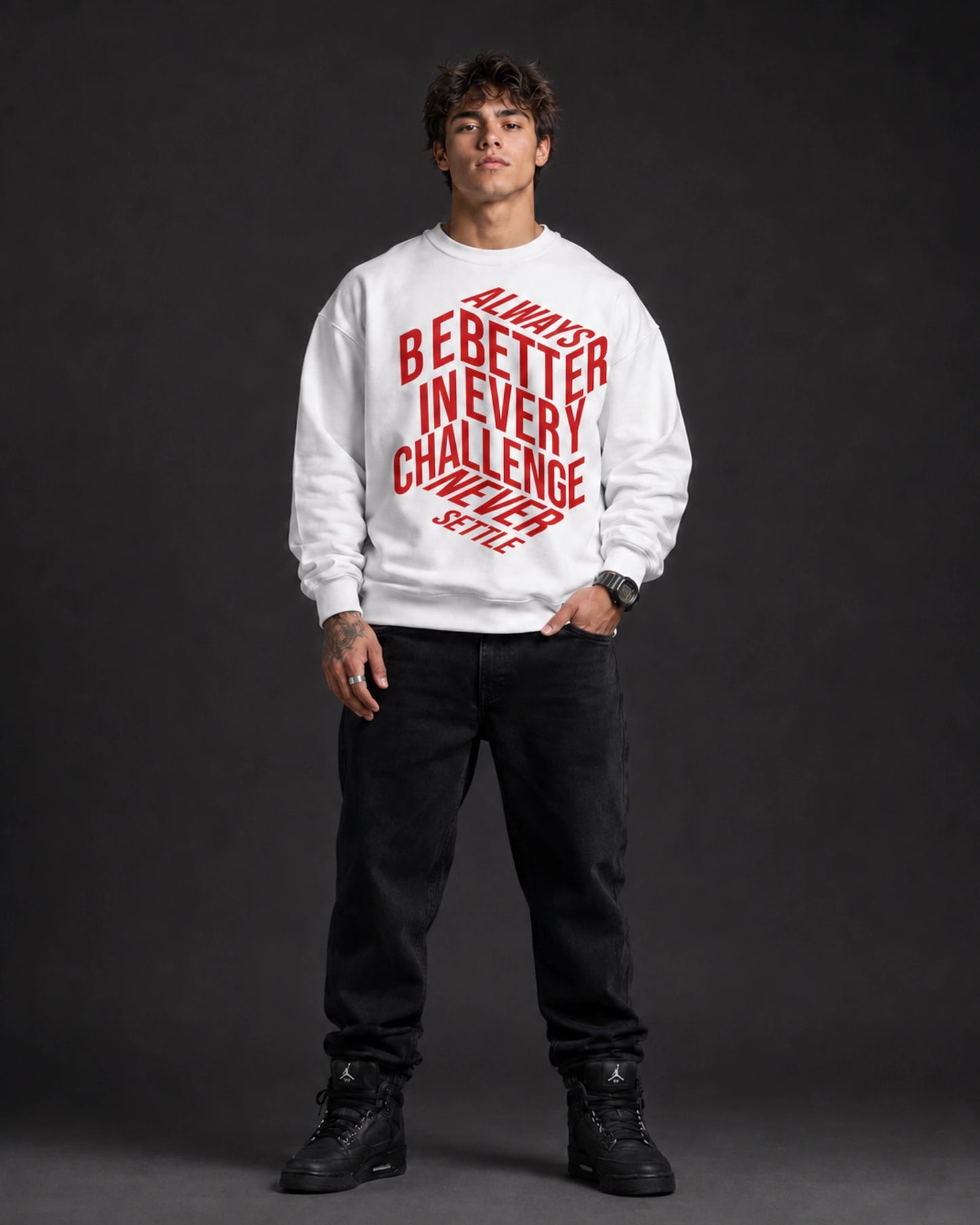 White Never Settle Graphic Typography Streetwear Men’s Sweatshirt (350 GSM)