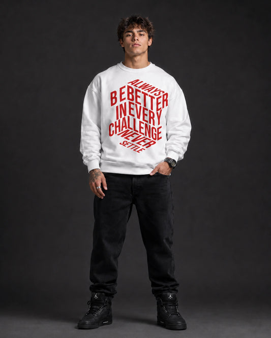White Never Settle Graphic Typography Streetwear Men’s Sweatshirt (350 GSM)