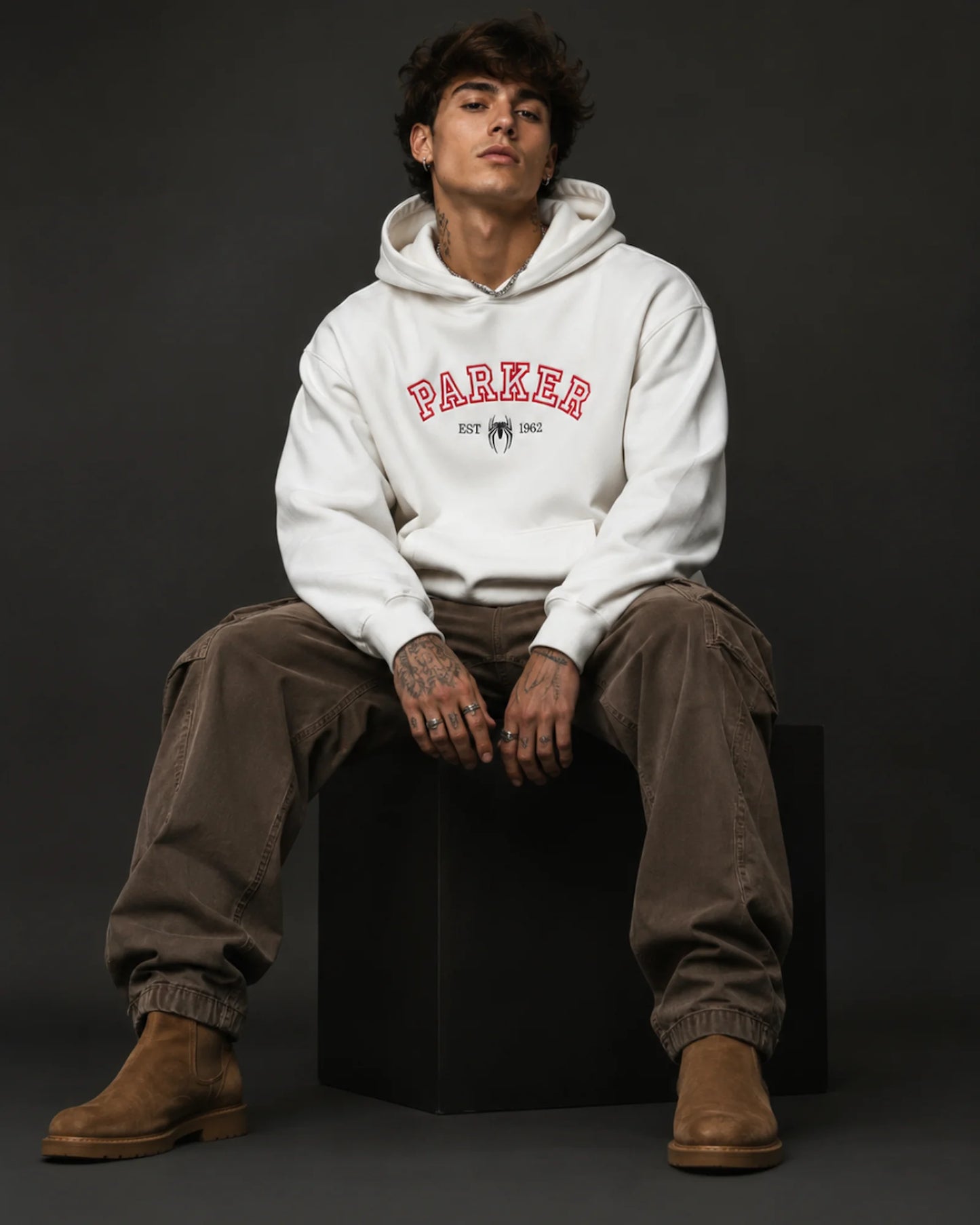 White Parker Spider Graphic Men’s Hoodie (360 GSM)