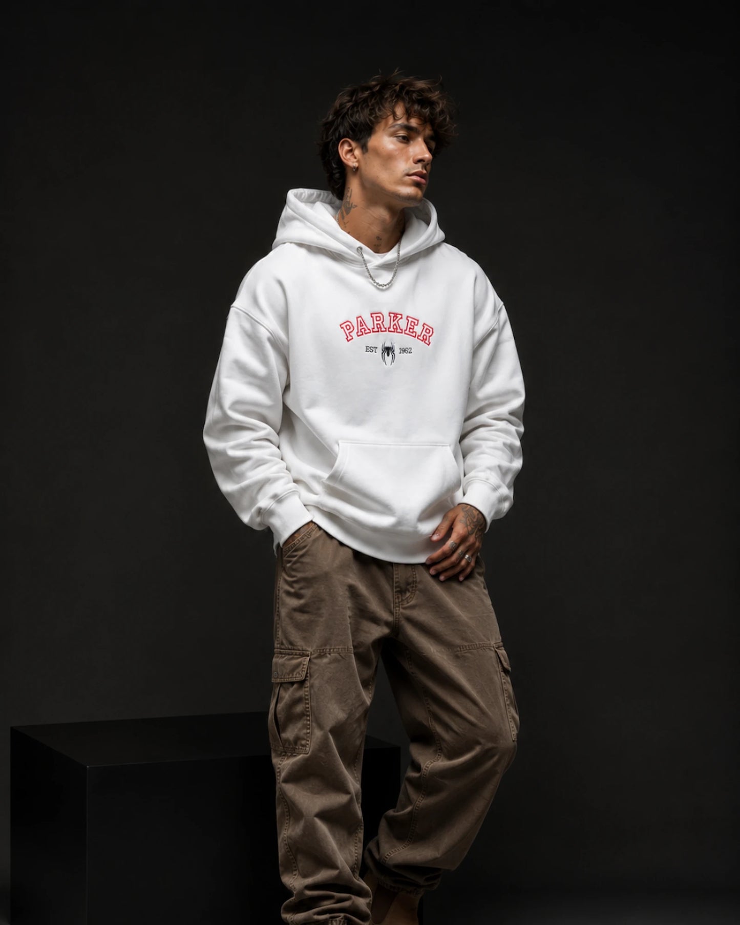 White Parker Spider Graphic Men’s Hoodie (360 GSM)