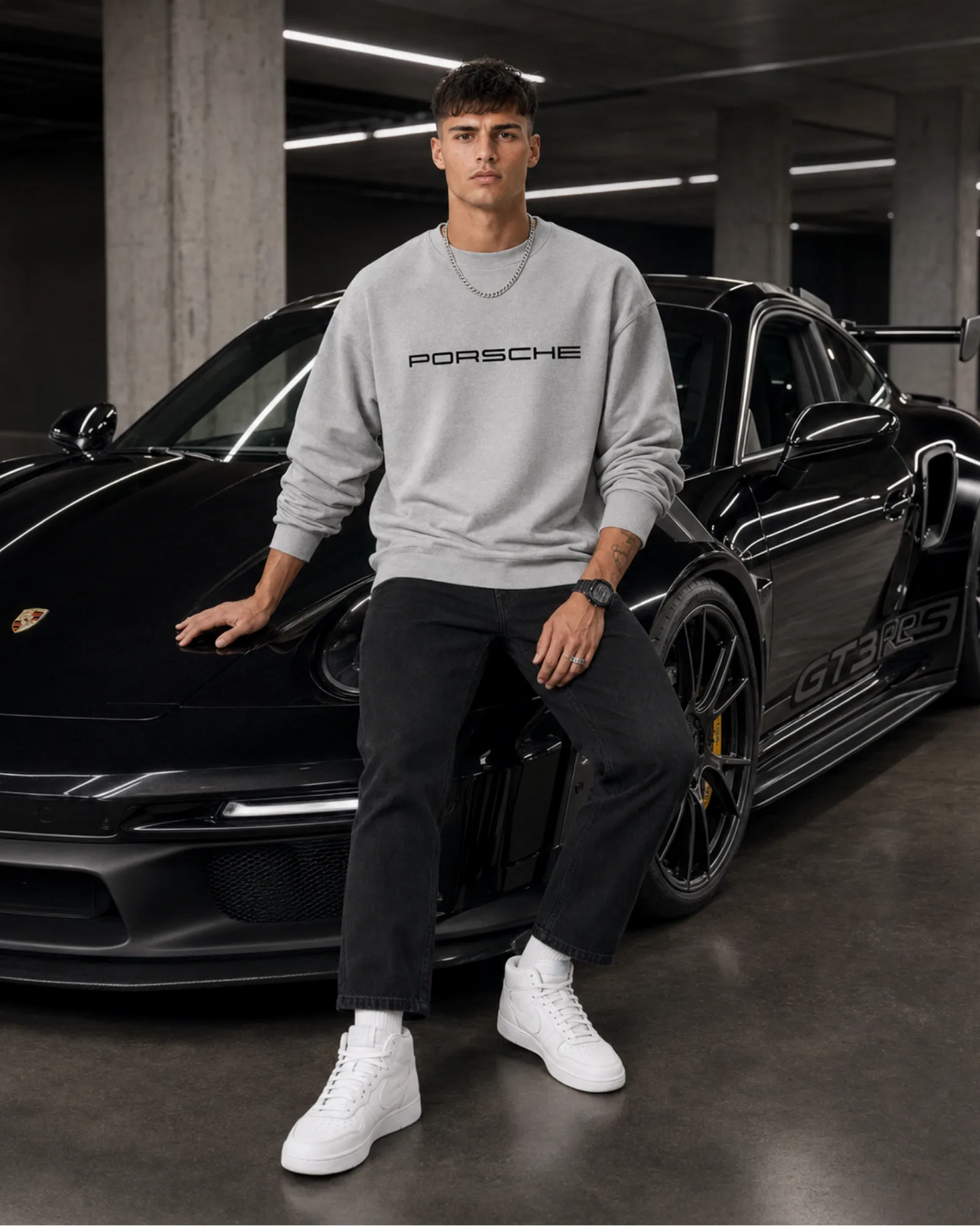 Grey Porsche GT3 RS Graphic Streetwear Men’s Sweatshirt (350 GSM)