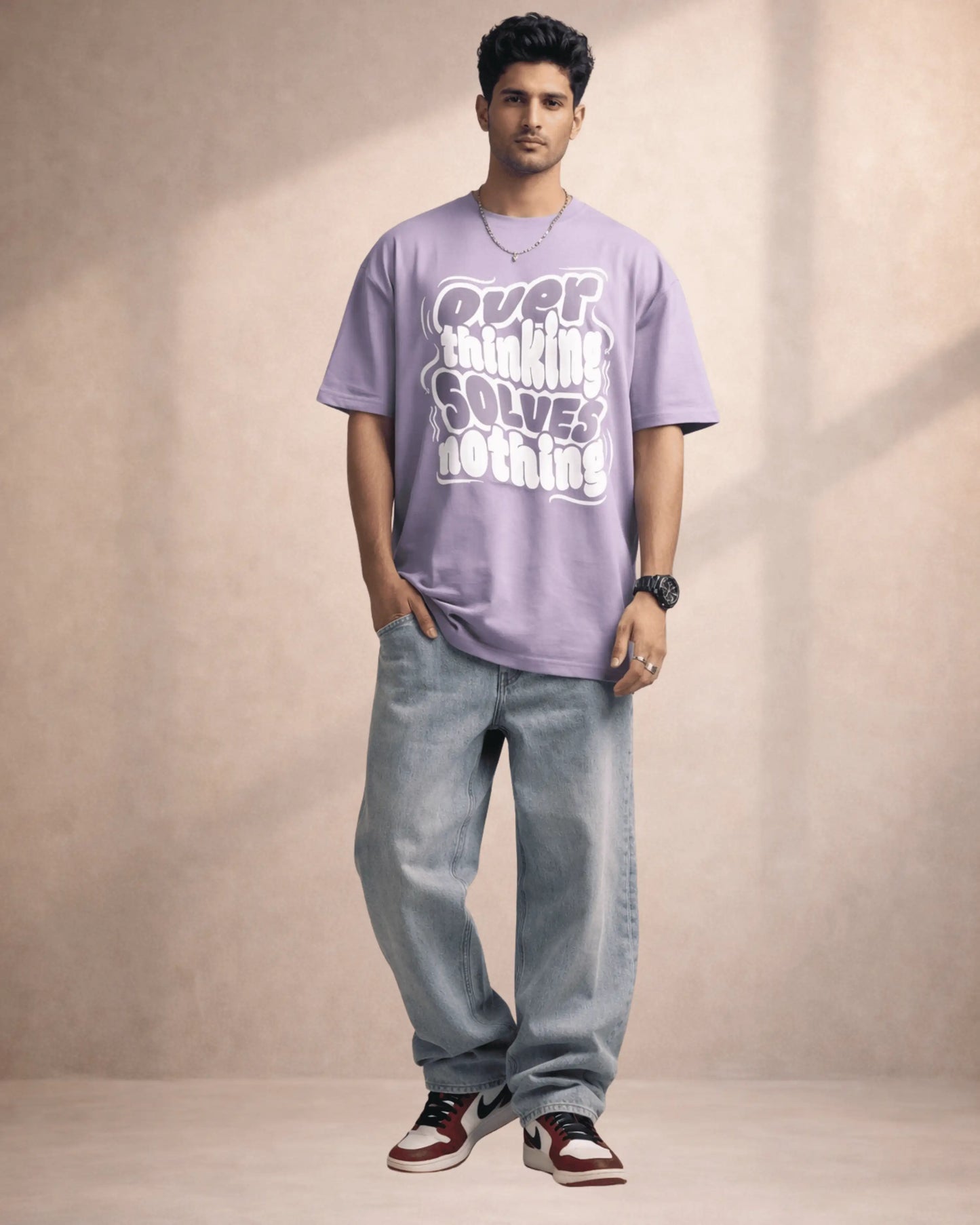 Purple Overthinking Typography Graphic Men’s Oversized T-Shirt (240 GSM)