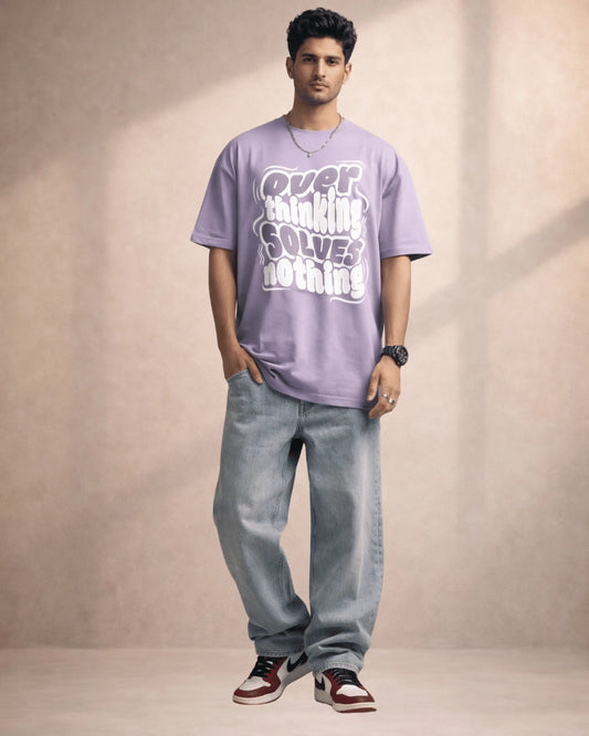 Purple Overthinking Typography Graphic Men’s Oversized T-Shirt (240 GSM)
