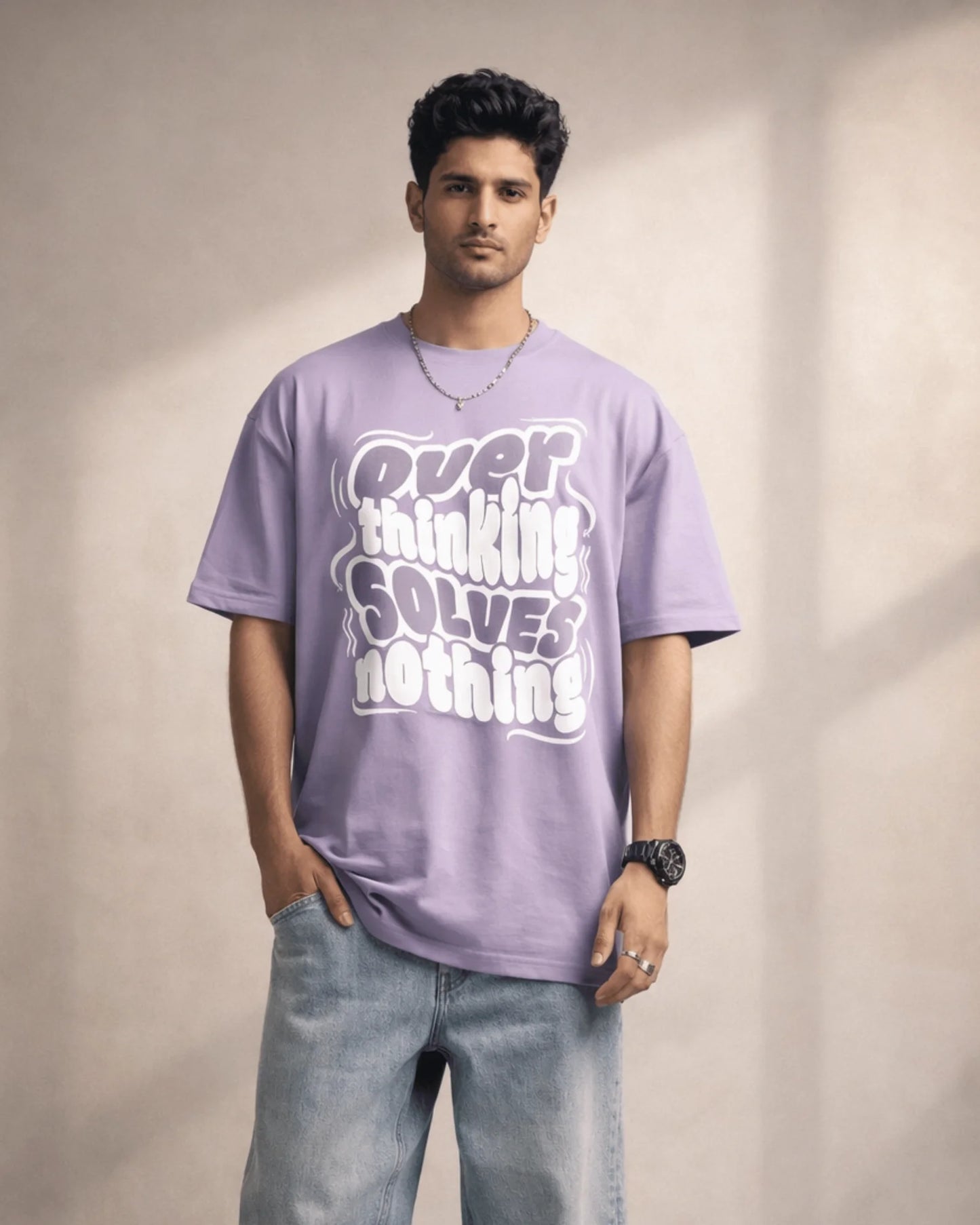 Purple Overthinking Typography Graphic Men’s Oversized T-Shirt (240 GSM)