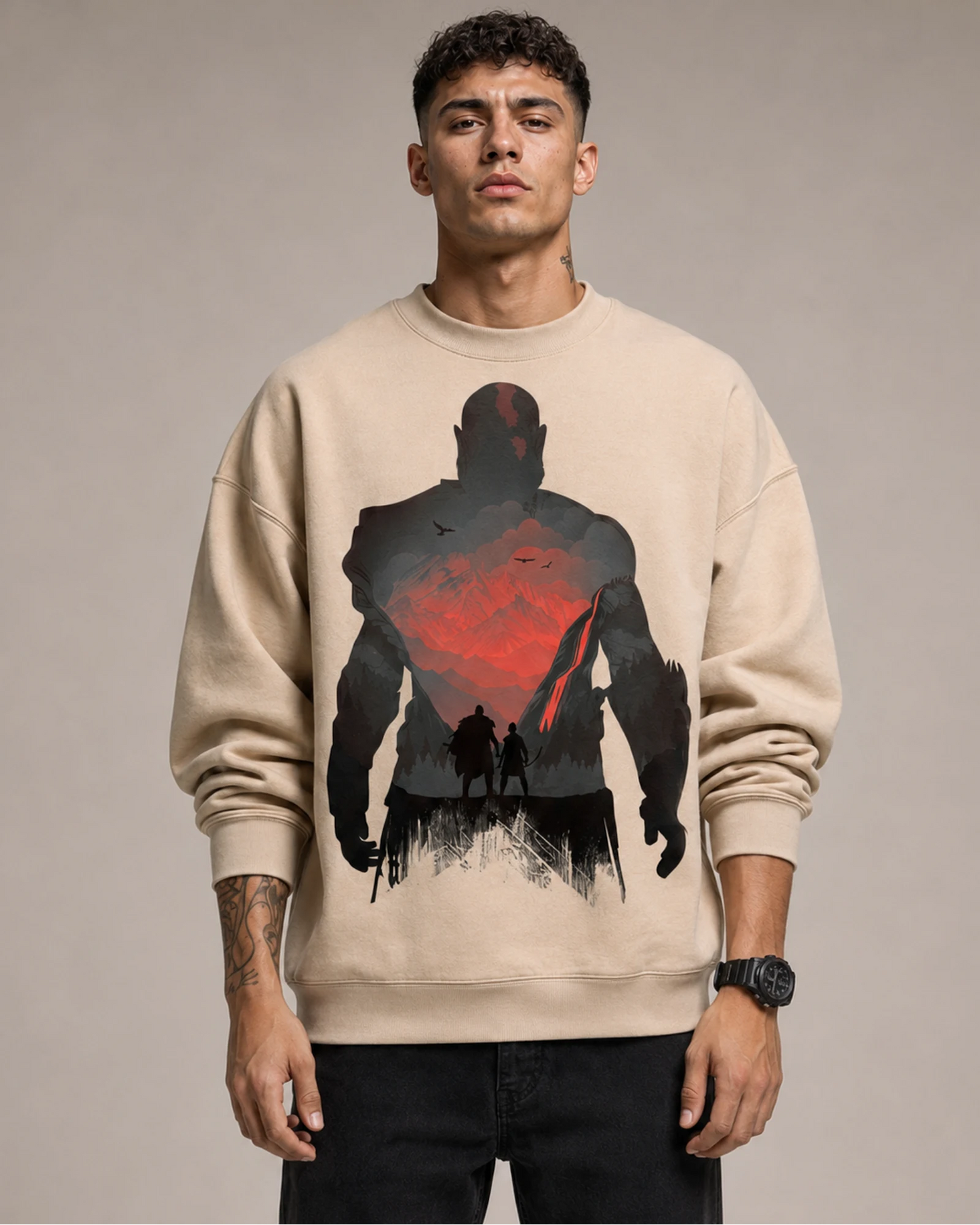 Beige Shadow Warrior Graphic Streetwear Men’s Sweatshirt (350 GSM)