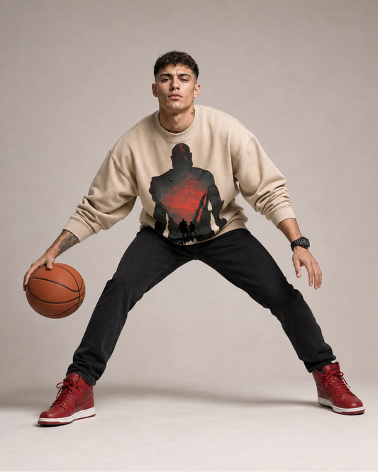 Beige Shadow Warrior Graphic Streetwear Men’s Sweatshirt (350 GSM)