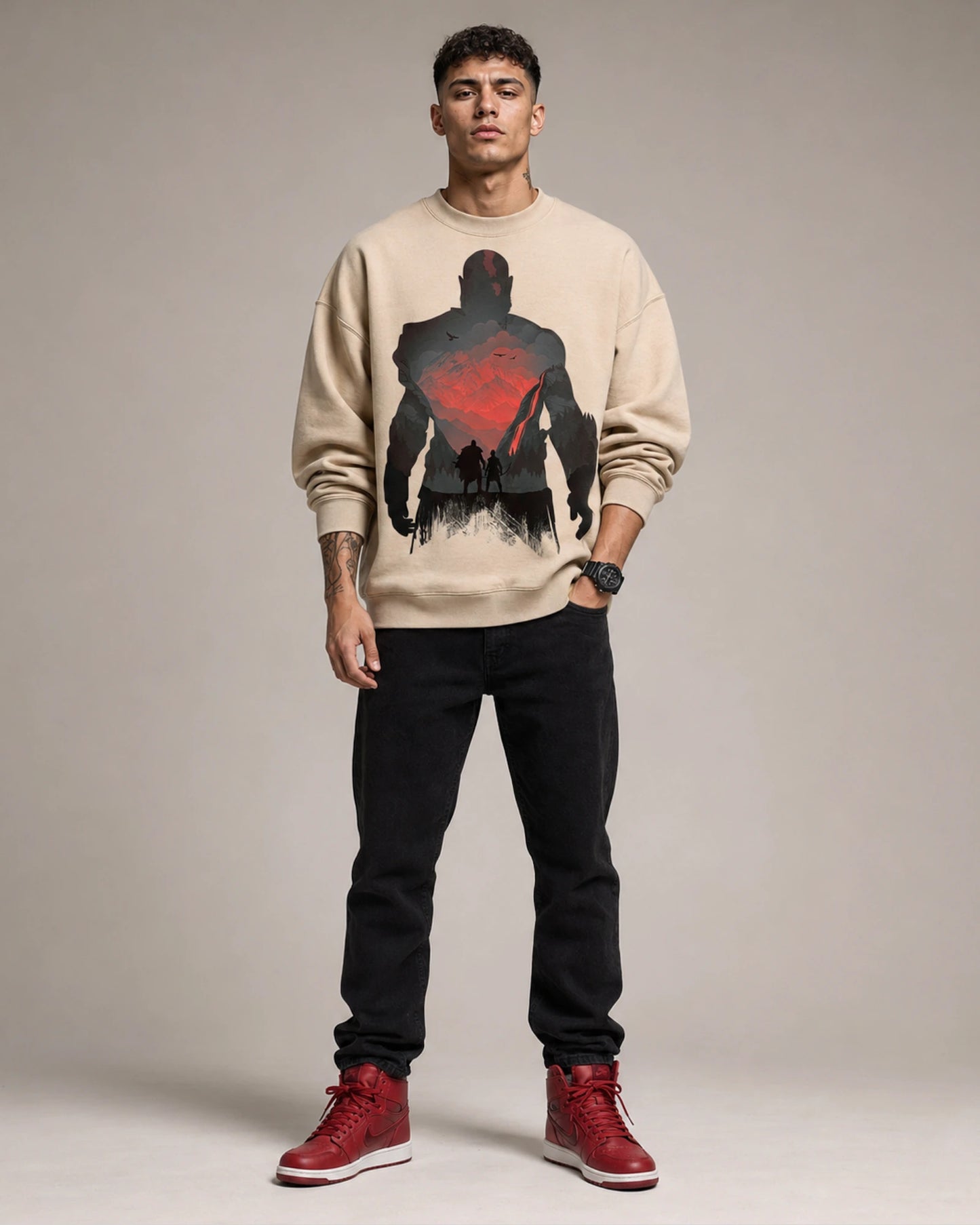 Beige Shadow Warrior Graphic Streetwear Men’s Sweatshirt (350 GSM)