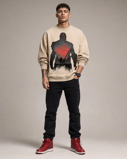 Beige Shadow Warrior Graphic Streetwear Men’s Sweatshirt (350 GSM)