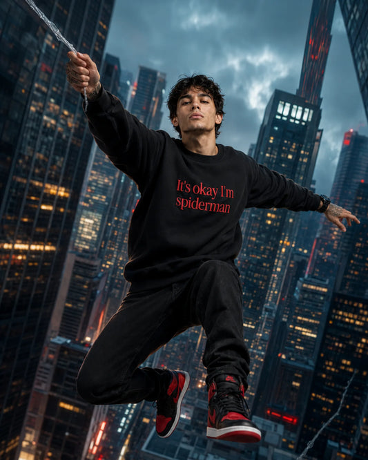 Black Spider-Inspired Quote Graphic Streetwear Men’s Sweatshirt (350 GSM)