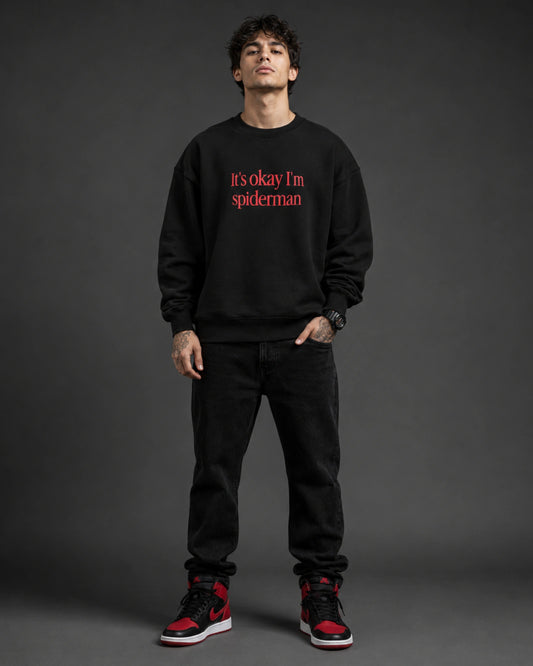 Black Spider-Inspired Quote Graphic Streetwear Men’s Sweatshirt (350 GSM)
