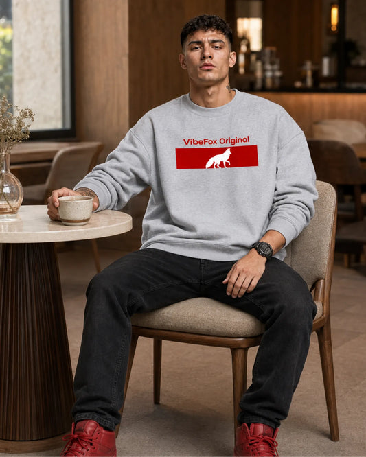 Grey VibeFox Original Fox Graphic Streetwear Men’s Sweatshirt (350 GSM)