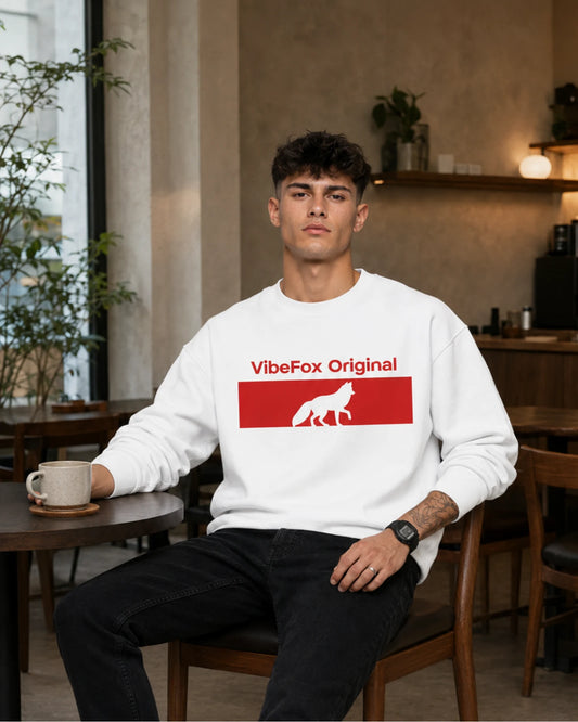 White VibeFox Original Fox Graphic Streetwear Men’s Sweatshirt (350 GSM)