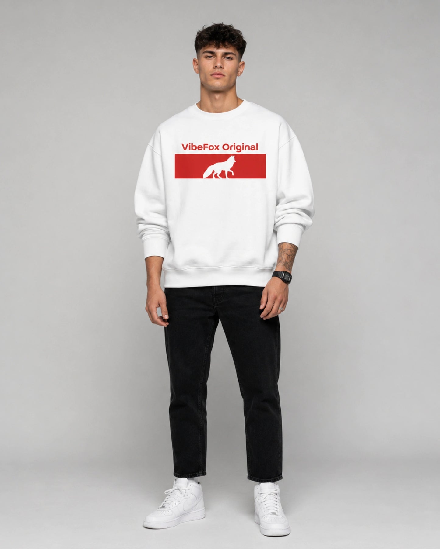 White VibeFox Original Fox Logo Graphic Streetwear Men’s Sweatshirt (350 GSM)