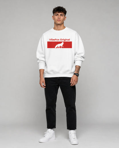 White VibeFox Original Fox Logo Graphic Streetwear Men’s Sweatshirt (350 GSM)