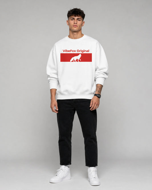 White VibeFox Original Fox Graphic Streetwear Men’s Sweatshirt (350 GSM)