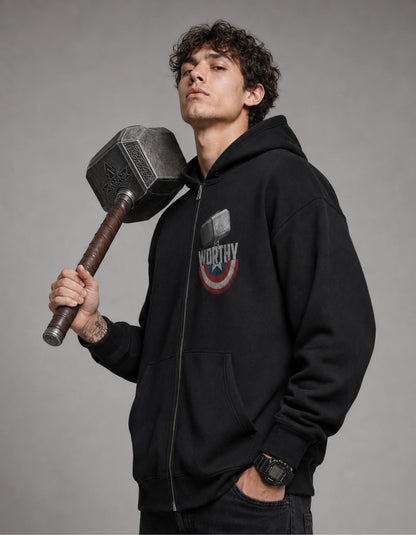 Black Worthy Hammer Graphic Streetwear Zip-Up Men’s Hoodie (360 GSM)