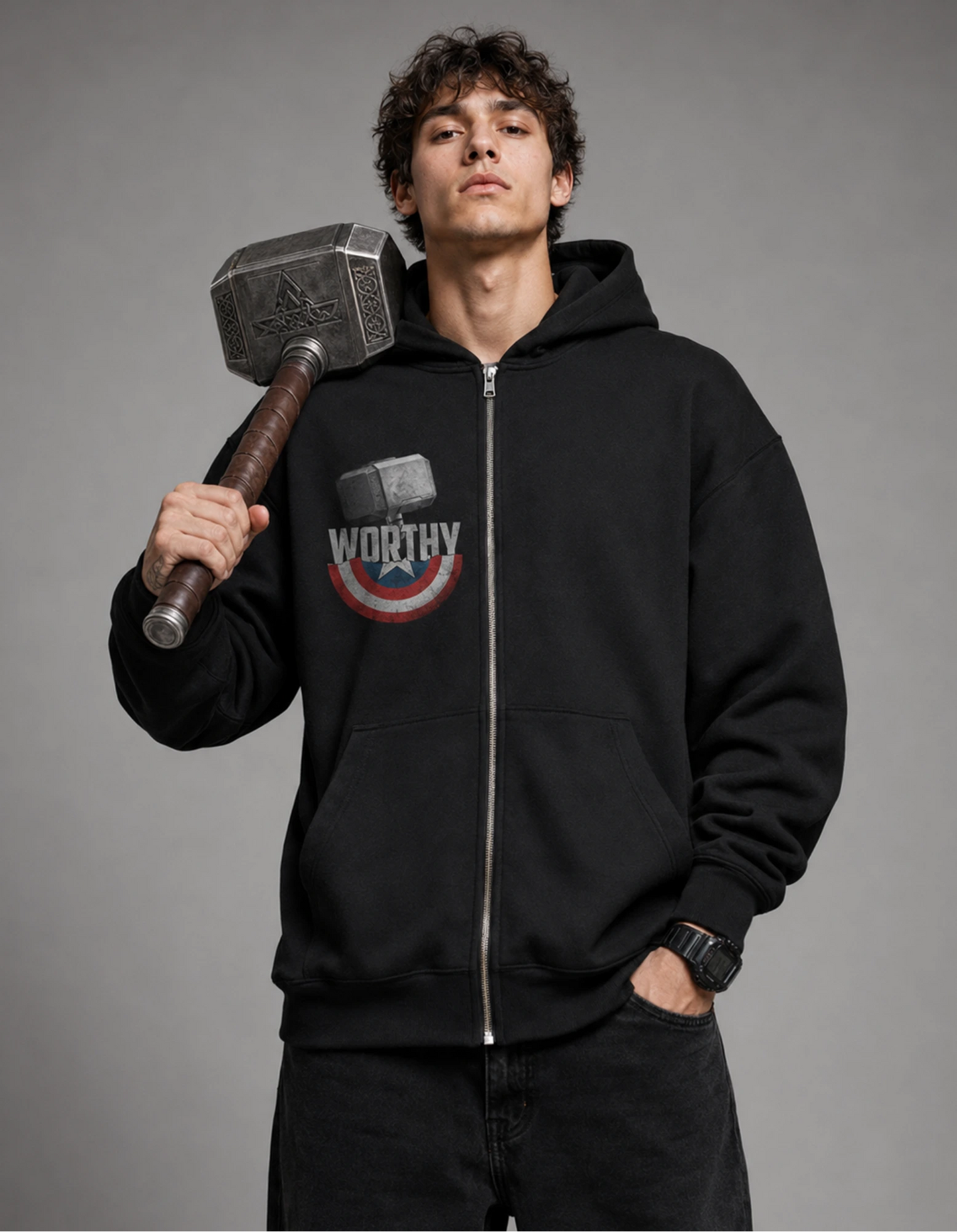 Black Worthy Hammer Graphic Streetwear Zip-Up Men’s Hoodie (360 GSM)