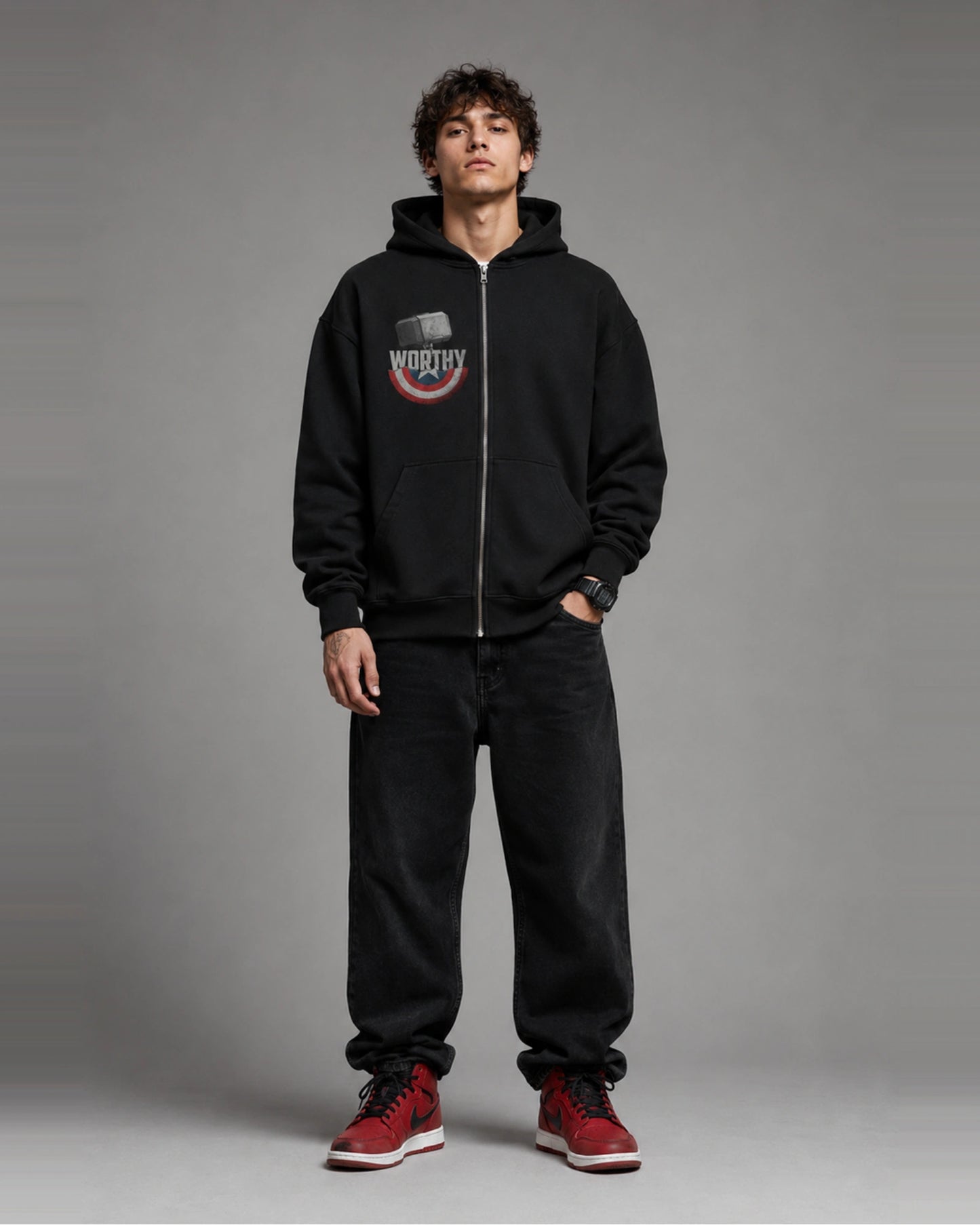 Black Worthy Hammer Graphic Streetwear Zip-Up Men’s Hoodie (360 GSM)