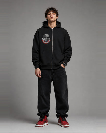 Black Worthy Hammer Graphic Streetwear Zip-Up Men’s Hoodie (360 GSM)