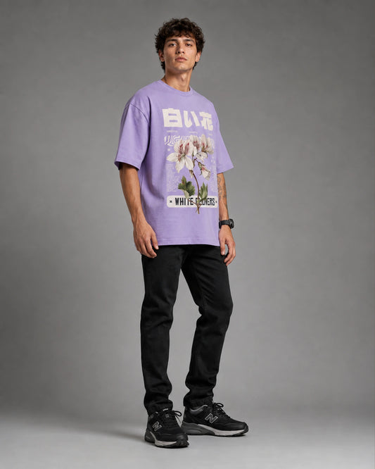Purple White Flowers Japanese Botanical Graphic Men's Oversized T-Shirt (260 GSM)