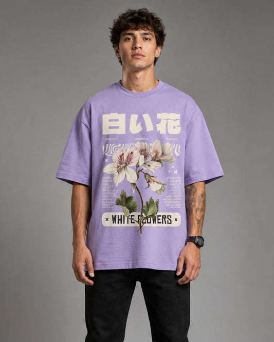 Purple White Flowers Japanese Botanical Graphic Men's Oversized T-Shirt (260 GSM)
