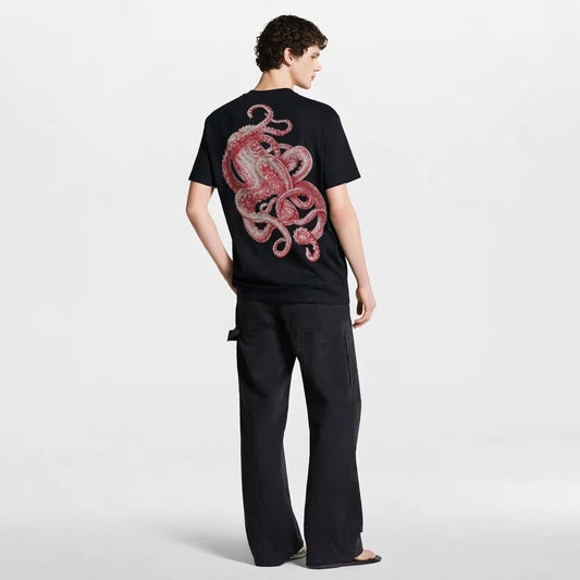 red octopus black tshirt back full pose