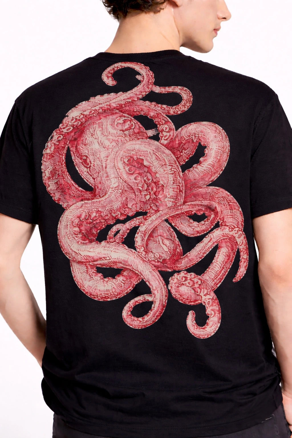 quiet intresting red octopus graphic close back look