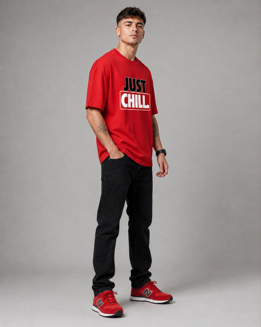 Red Just Chill Typography Graphic Men's Oversized T-Shirt (260 GSM)