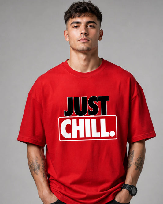 Red Just Chill Typography Graphic Men's Oversized T-Shirt (260 GSM)