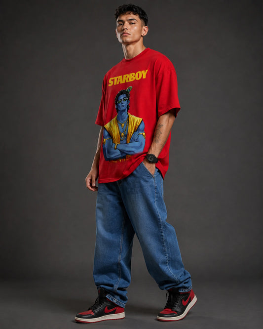 Red Krishna Streetwear God Graphic Men's Oversized T-Shirt (260 GSM)