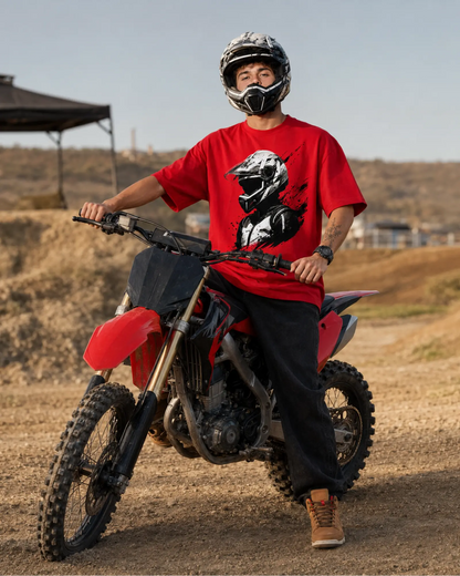 Red Motocross Helmet Rider Graphic Streetwear Men’s Oversized T-Shirt (260 GSM)