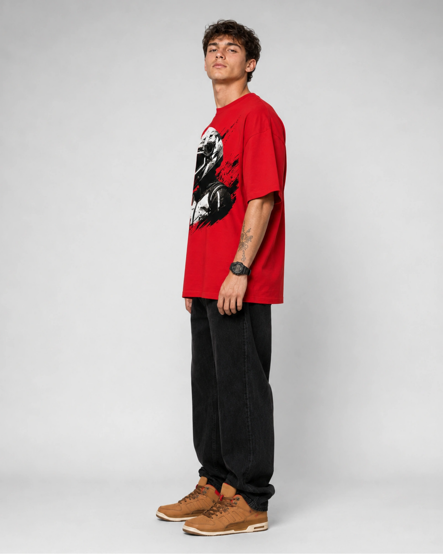Red Motocross Helmet Rider Graphic Streetwear Men’s Oversized T-Shirt (260 GSM)