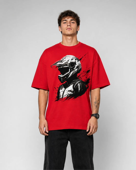 Red Motocross Helmet Rider Graphic Streetwear Men’s Oversized T-Shirt (260 GSM)
