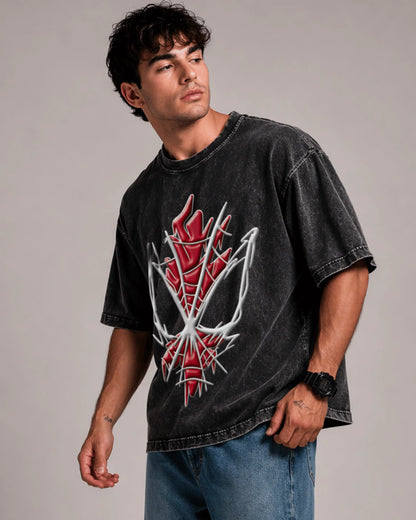Black Thorn Flame Graphic Men’s Acid Wash T-Shirt (240 GSM)